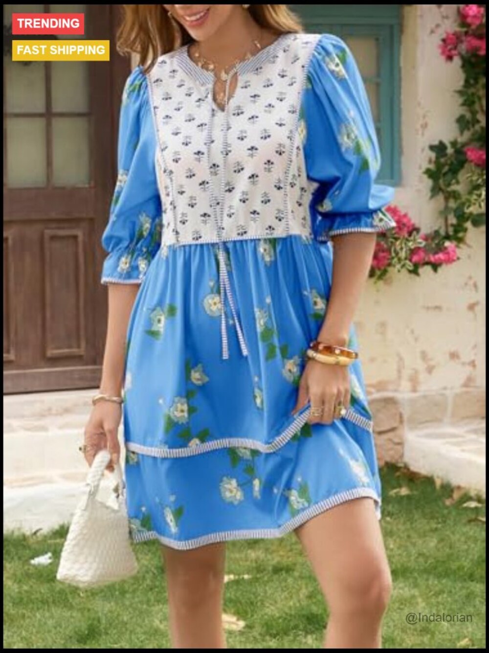 Floral Mini Dress with Puff Sleeves, V-Neck, and Patchwork Detail - Picture 5 of 7